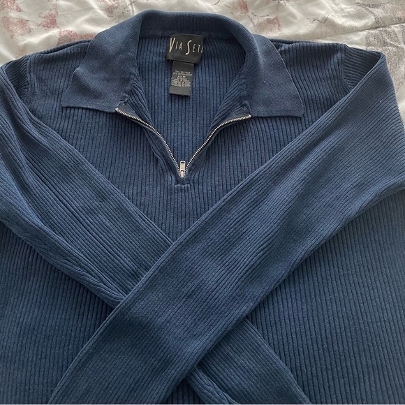 Via Seta silk blend navy blue ribbed collared 1/4 zip sweater, size M Minimalist - Picture 4 of 11